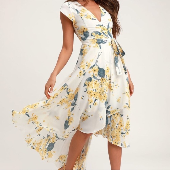 Lulus French Countryside White and Yellow Floral Print High-Low Dress S - Picture 3 of 13